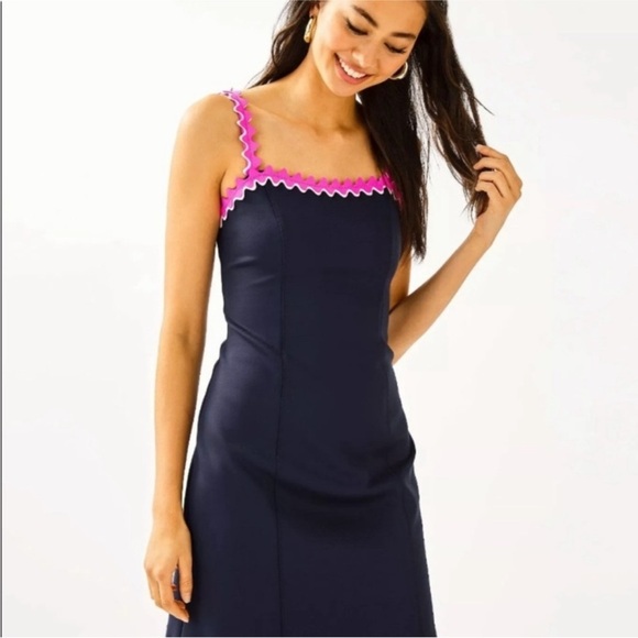 LILLY PULITZER SHELLBEE True Navy Blue Pink Ric Rac Scuba Lined Dress - Picture 16 of 16